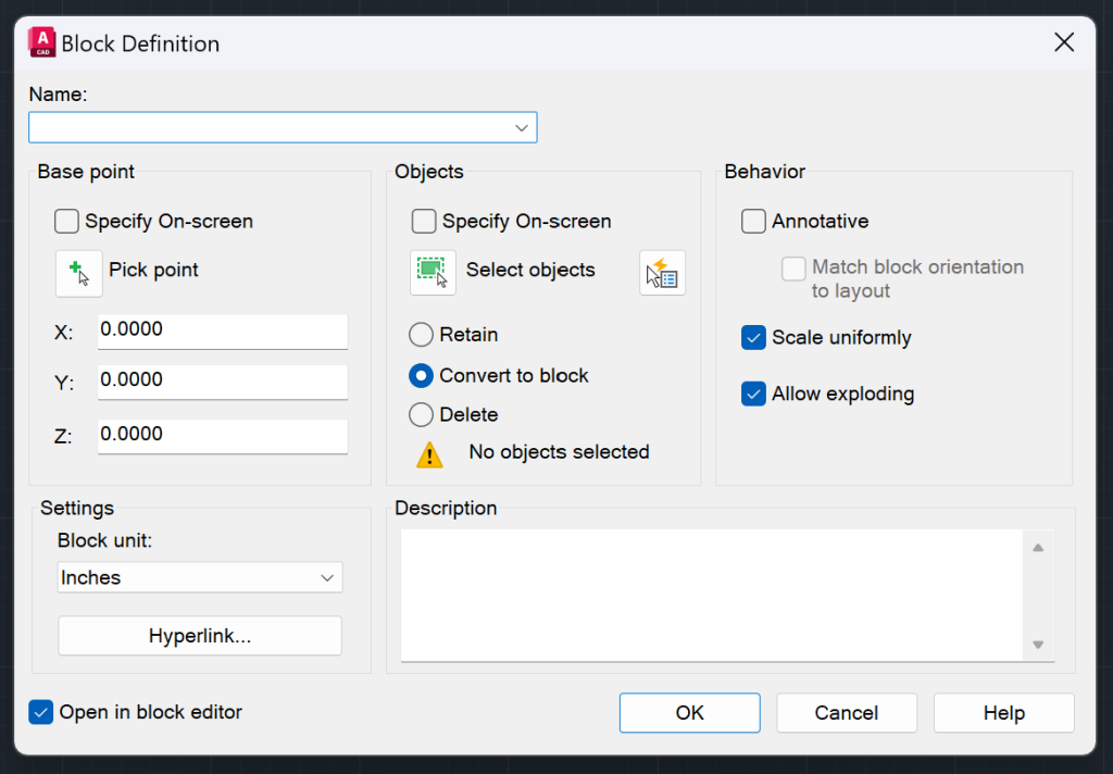 AutoCAD Block Definition Dialog Box