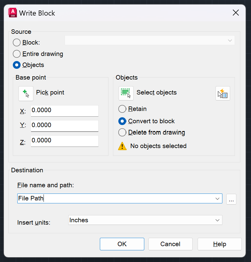 AutoCAD WBlock Definition Dialog Box