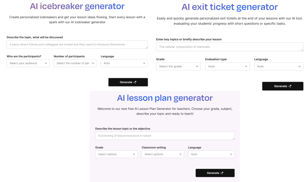 Ai Icebreaker Generator, AI Exit Ticket Generator, AI Lesson Plan Generator