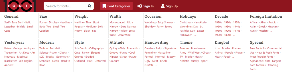 1001 Fonts - Categorization
