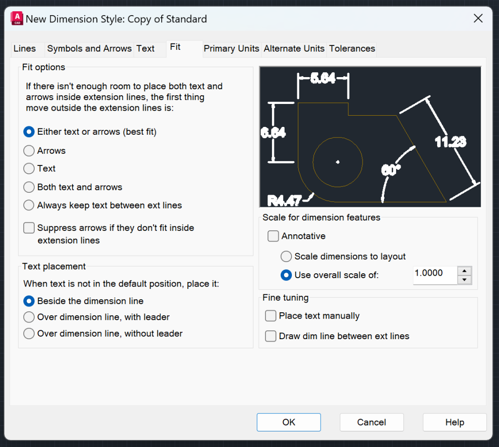 AutoCAD Dimension Style Manager - Fit