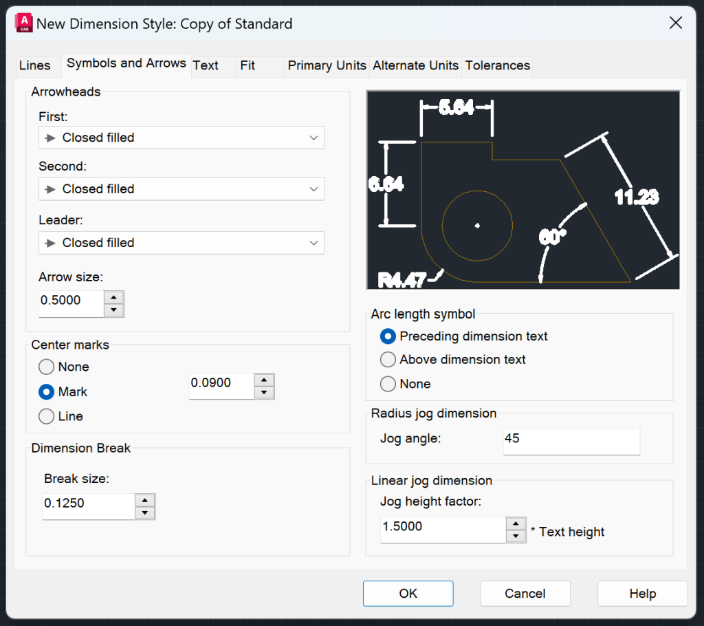 AutoCAD Dimension Style Manager - Symbols & Arrows