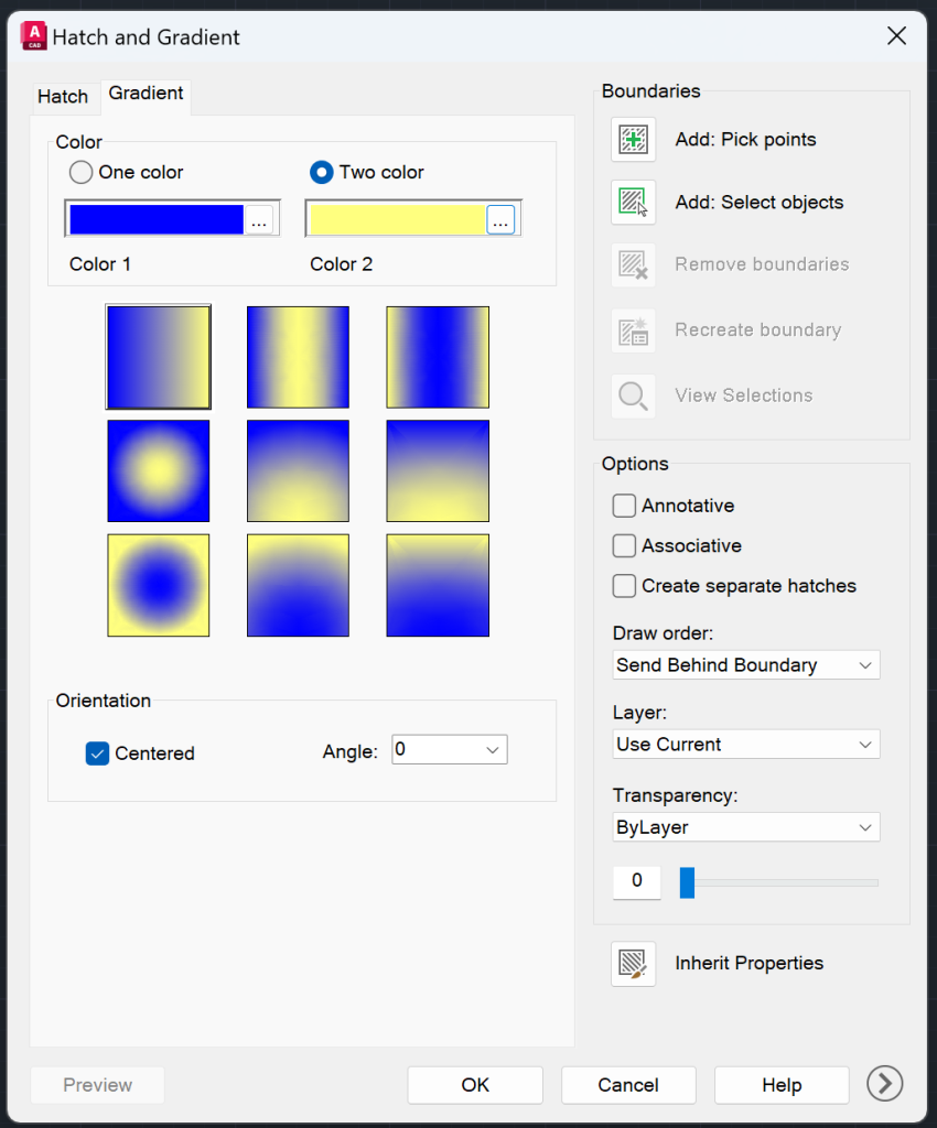 AutoCAD Gradient Settings