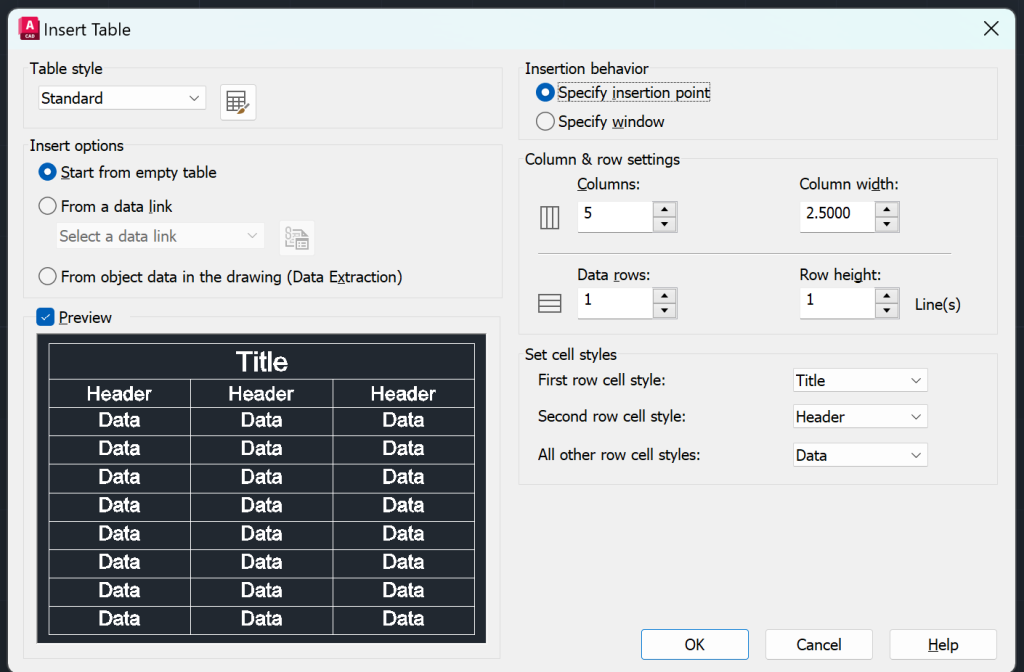 AutoCAD Table - Insert Table Dialog Box