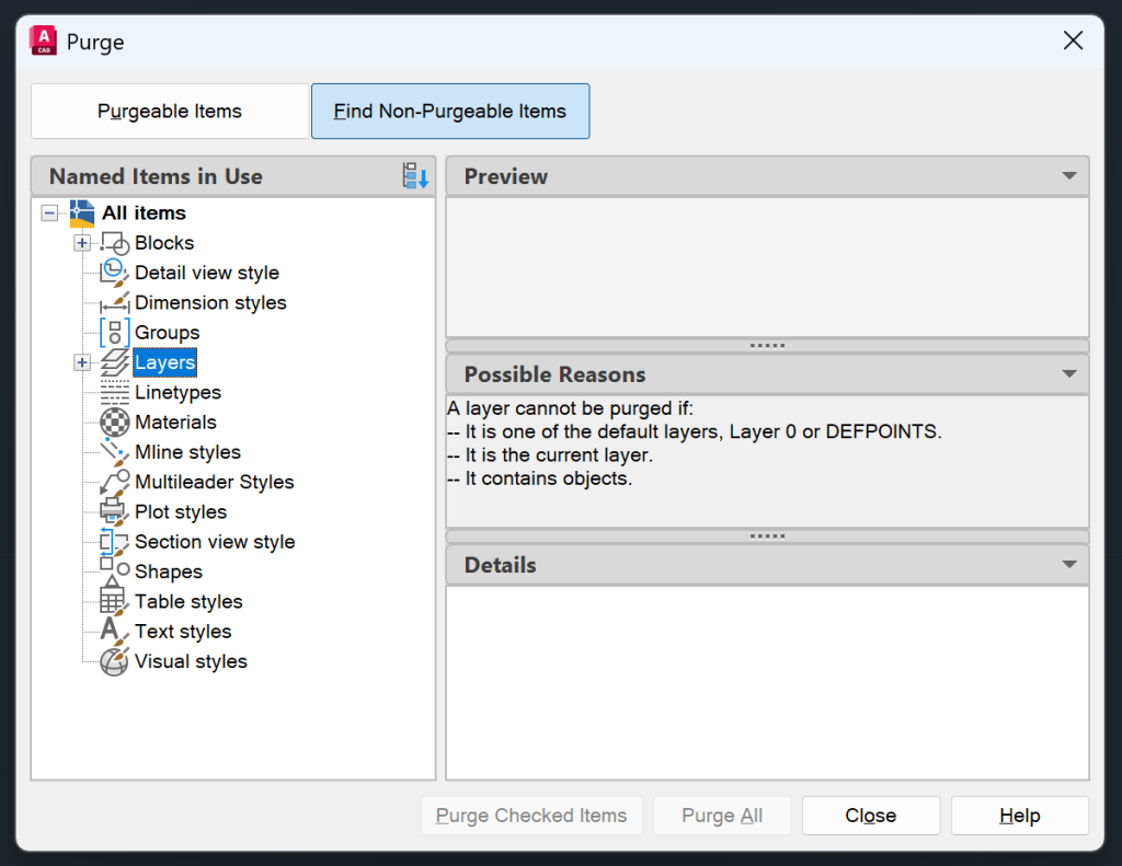 AutoCAD Purge - Non-Purgeable Items