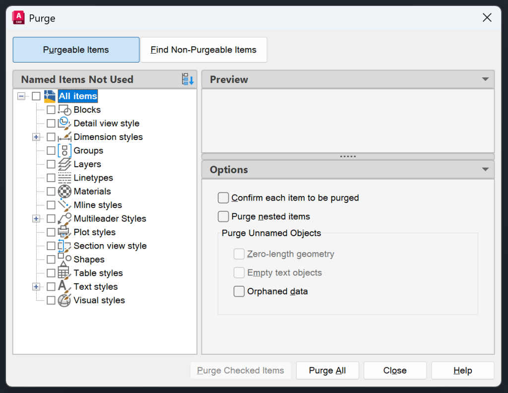 AutoCAD Purge - Purgeable Items